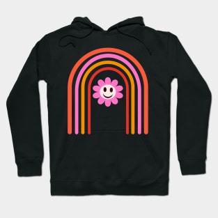 Pink Smiley Flower on Retro Rainbow Hoodie